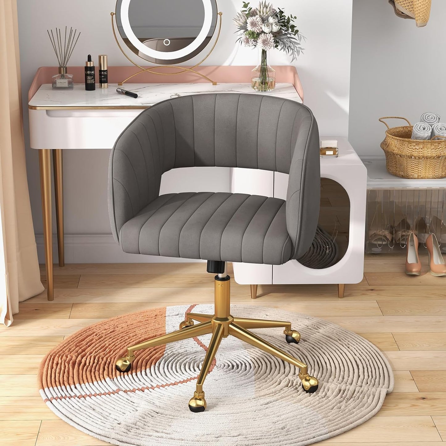 Make-up Stoel – Kaptafel Kruk – Draaistoel – Bureaustoel – Visagie Kruk – Fluwelen Bekleding – Verstelbare Zithoogte – 360° Draaibaar Met Wieltjes