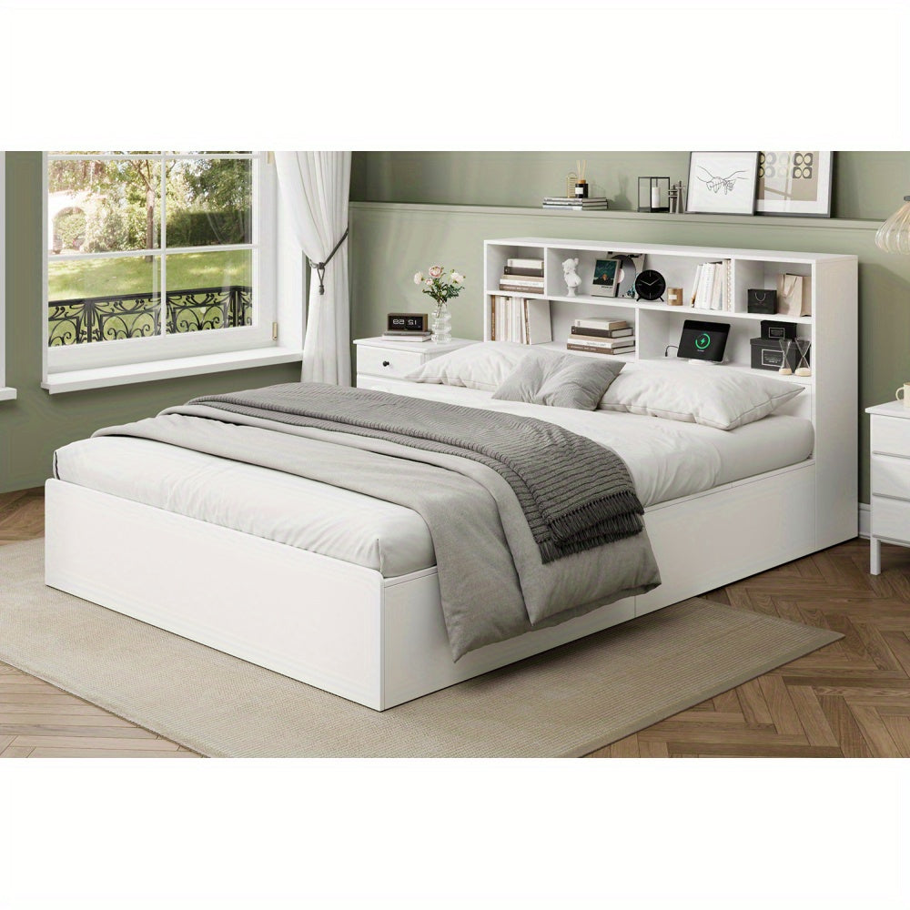 Tweepersoonsbedframe – Bedframe – Ledikant – Platformbed – Slaapbed – Modern Design – Met Opbergruimte – Geen Boxspring Nodig – Wit – Eenvoudige Montage