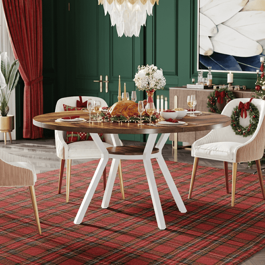 Ronde Eettafel – Eetkamertafel – Keukentafel – Tafel – Ontbijttafel – Modern Design – 119 cm Diameter – Wit Met Gouden Accenten – Gefineerd Hout – Metalen Centrale Poot – Ruimtebesparend – Eenvoudig Zelf Te Monteren