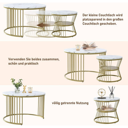 Set van 2 Ronde Salontafels – Bijzettafel – Side Table – Nesting Tafels – Sofa Tafel – Marmerlook – MDF Metalen Frame – Compact & Stevig