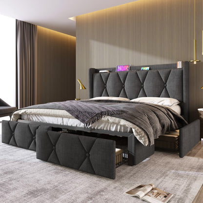 Tweepersoonsbed – Bedframe – Boxspring – Stapelbed – Slaapbank – 160x200 cm – Met Opberglades en Hoofdbord – Montageklaar en Duurzaam Niet-Houten Materiaal