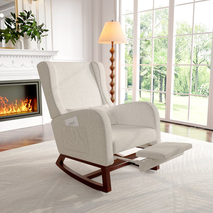 Rocking Chair with Stool, Lounge Chair with High Backrest, Chair with Footrest, Side Pockets And Solid Wood Base, Reading Chair, Relaxation Chair Suitable for Living Room, Bedroom And Balcony.