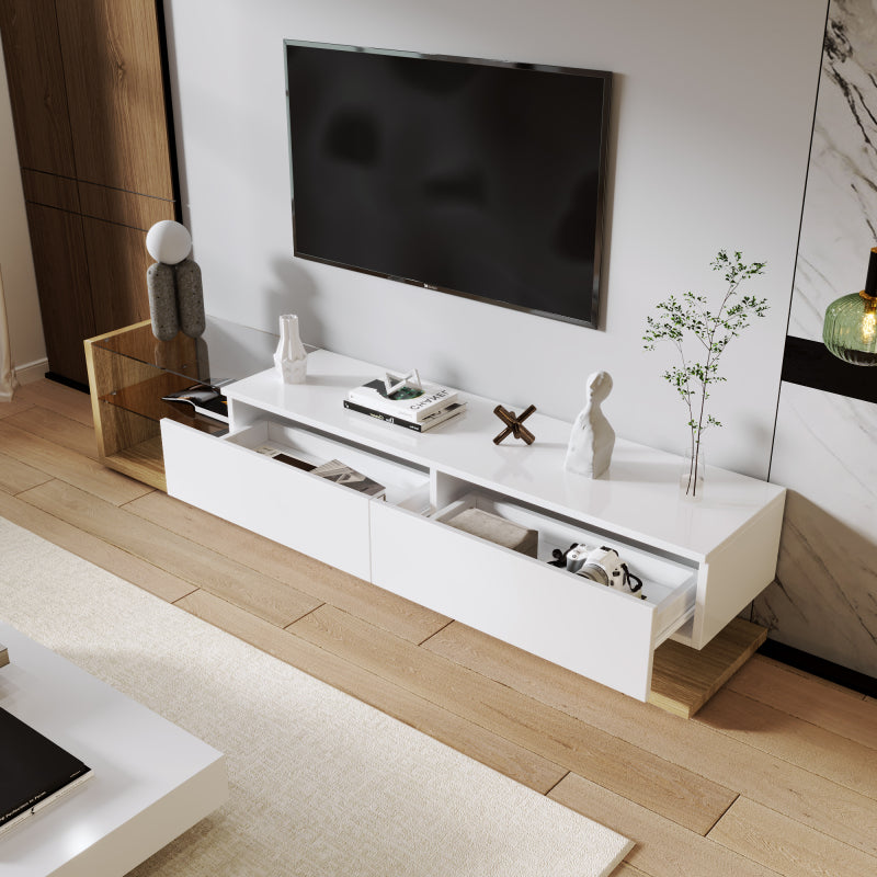 Tv meubel – TV-kast – Media meubel – Entertainmentmeubel – Dressoir – Hoogglans wit & houtlook – 2 lades en open planken