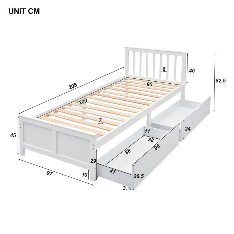 Eenpersoonsbed – Eenpersoonsbedden – Jeugdbed – Volwassenenbed – Bed met Opbergladen – Grenenhouten Frame – Geschikt voor Matras 90x200 cm