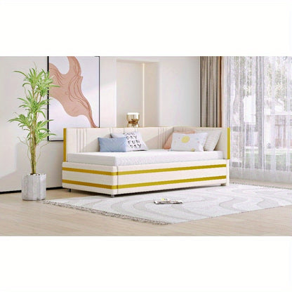 Gestoffeerd Bed – Slaapbank – Sofa Bed – Bedbank – Multifunctioneel Bed – 90x200 cm – Velours Stof Beige – Comfortabele Slatted Frame