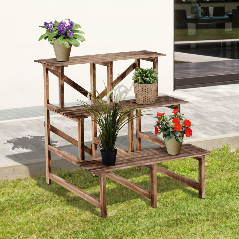 Plantenrek – Plantenstandaard – Plantentrap – Bloemenrek – Plantentafel – Vurenhout – 3 Niveaus – 80 x 80 x 78 cm