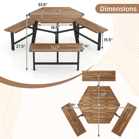 Picknicktafel – Biertafel – Tuintafel – Picknickbank – Buitenbank – Acaciahout – Met Metalen Frame – Parasolhouder – 6 Personen