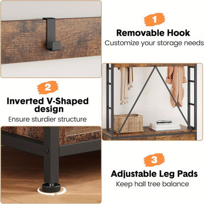 5-in-1 Halmeubel – Kapstok – Schoenenrek – Opbergmeubel – Zitbank – Stevig Metalen Frame – 17 Haken & 2 Lades – Rustiek Bruin – Vrijstaand Design