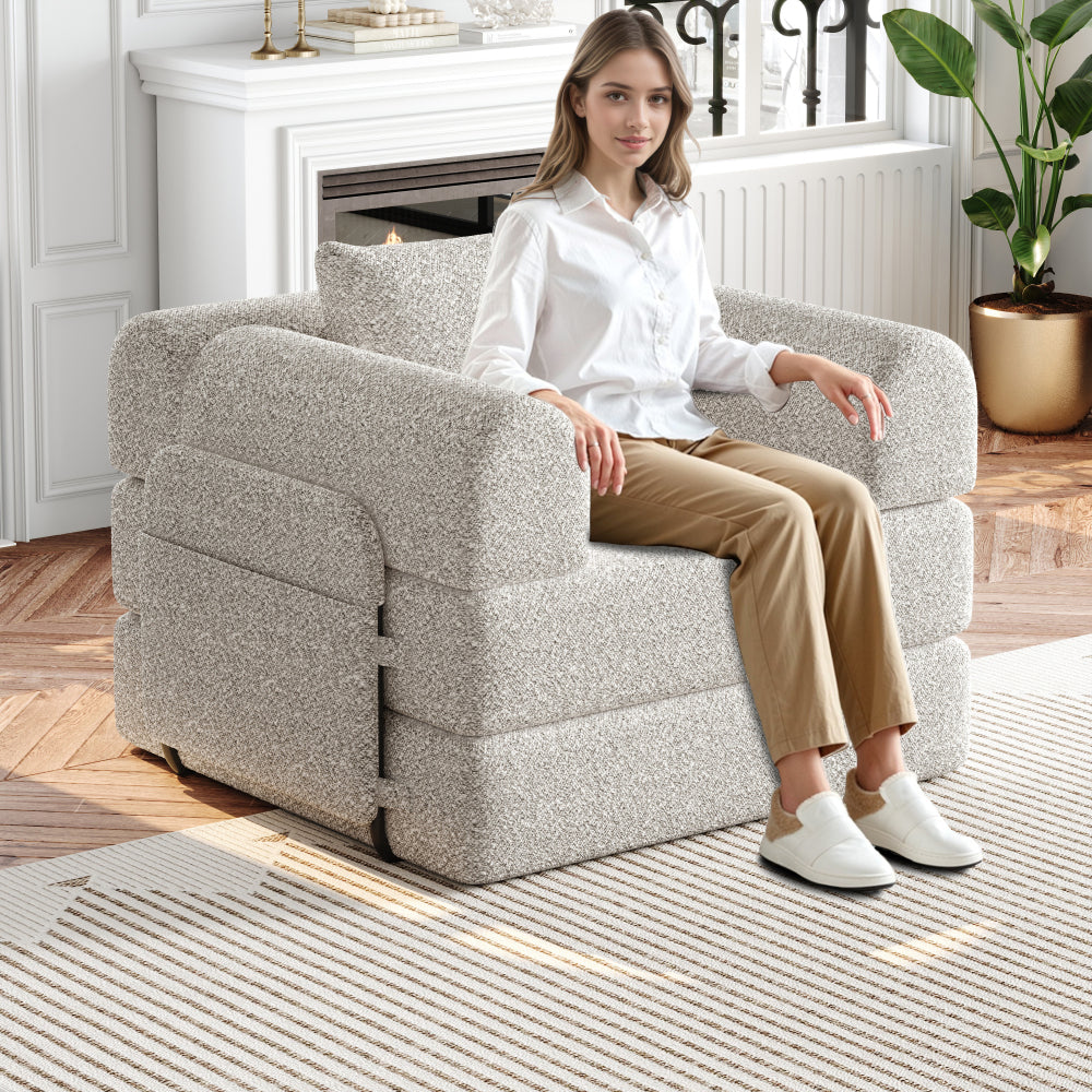 2-in-1 Chenille Bank – Slaapbank – Hoekbank – Fauteuil – Zitzak – Met Opbergruimte In Armleuning – Drievoudig Metalen Frame – Moduleerbaar Design – Khaki