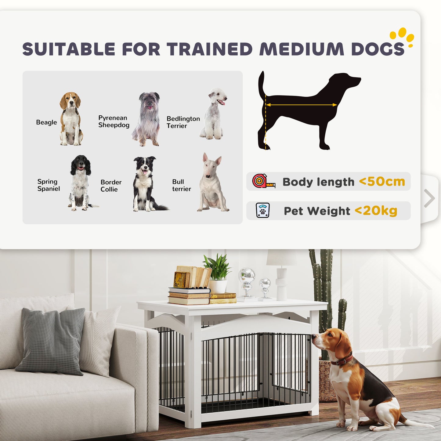 Hondenbench – Hondenkooi – Kennel – Hondenpark – Bijzettafel – 3-in-1 Multifunctioneel – Wit MDF & Metaal – Voor Middelgrote Honden 82,5x57,5x59,5 cm
