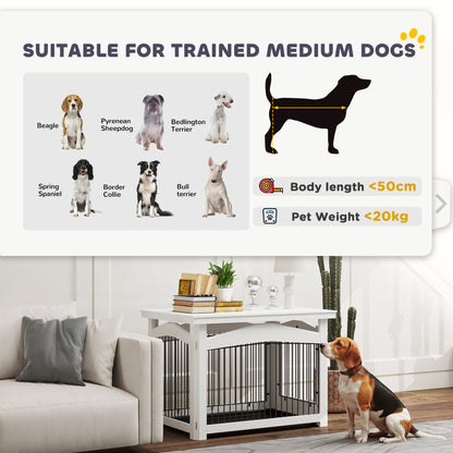Hondenbench – Hondenkooi – Kennel – Hondenpark – Bijzettafel – 3-in-1 Multifunctioneel – Wit MDF & Metaal – Voor Middelgrote Honden 82,5x57,5x59,5 cm