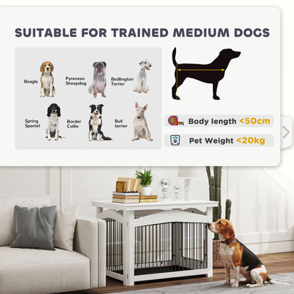 Hondenbench – Hondenkooi – Hondenkennel – Hondenpark – Bijzettafel – Multifunctioneel 3-in-1 Ontwerp – MDF En Staal – Wit – 82,5x57,5x59,5 cm – Met Uitneembare Tray – Voor Middelgrote Honden