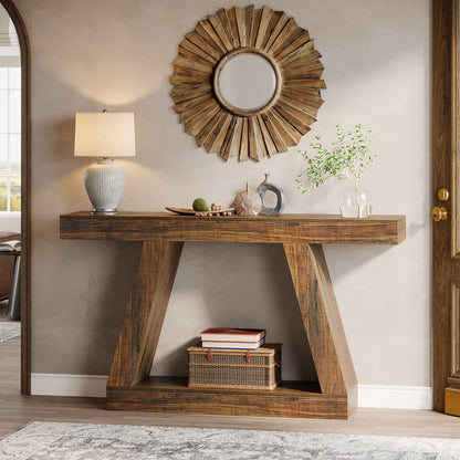 Sidetable – Sidetable Met Opbergruimte – Sofa Tafel – Haltafel – Woonkamertafel – Donkerbruin Rustiek – 139,7 cm Lang – Inclusief Vlochten Opbergbak