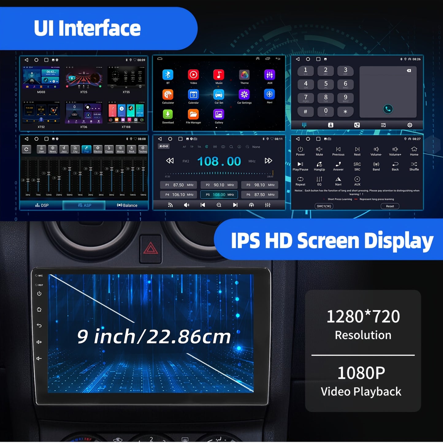 Android Autoradio – Multimedia Speler – Navigatiesysteem – Car Stereo – 2-DIN Radio – 9 Inch IPS Scherm – Android 14 – Inclusief Camera & DVR
