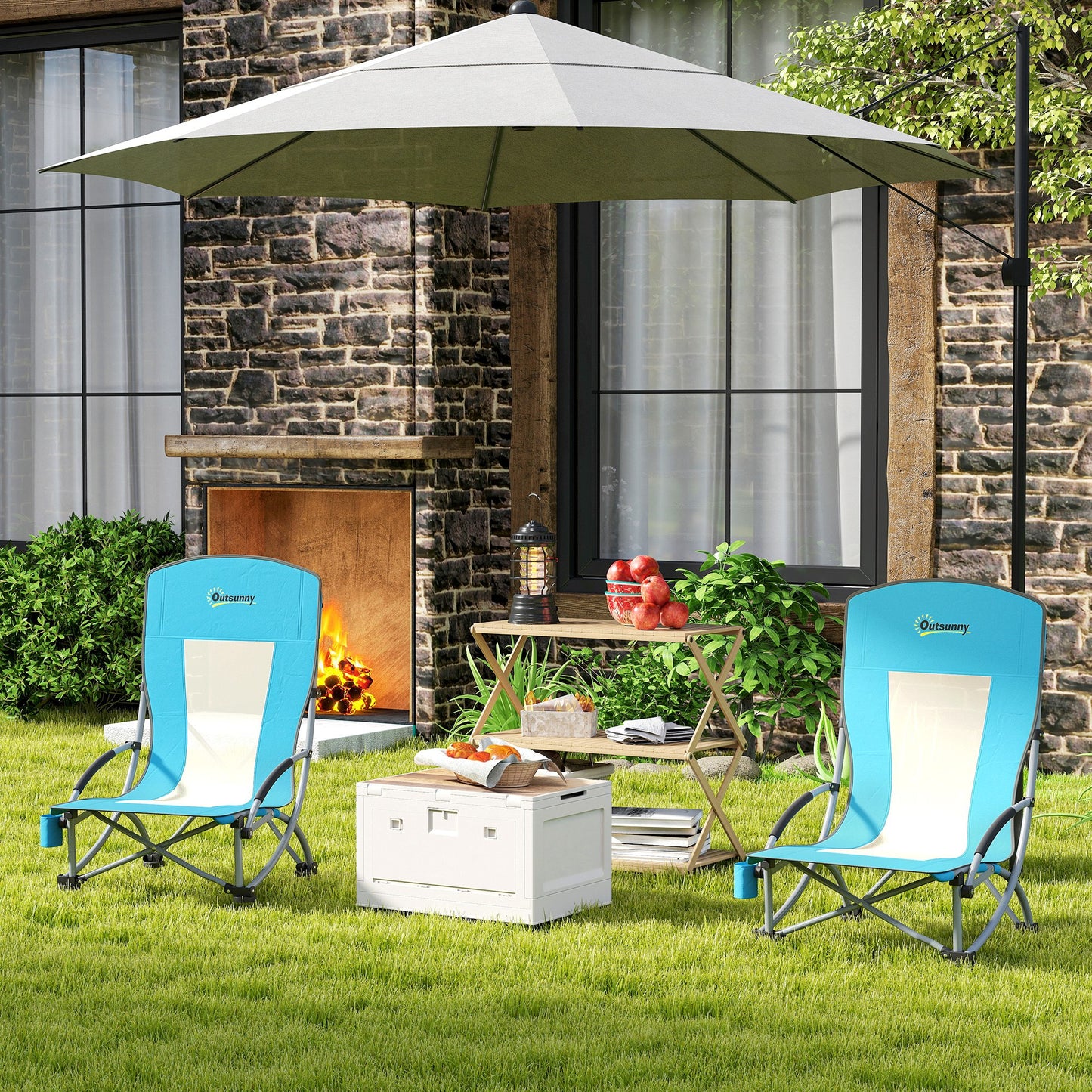 2-Persoons Campingstoel – Klapstoel – Vouwstoel – Outdoorstoel – Festivalstoel – Lichtgewicht Met Bekerhouder – Ademend Mesh Rugleuning – Max 120 Kg Capaciteit – Blauw