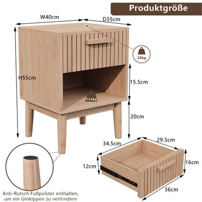 Nachtkastje – Nachtkastjes – Bijzettafel – Nachtkast – Bedside Table – Set Van 2 – Houtkleur – Met Lade En Open Plank – Compact 40x35x55 cm – Stevig Met Houten Poten