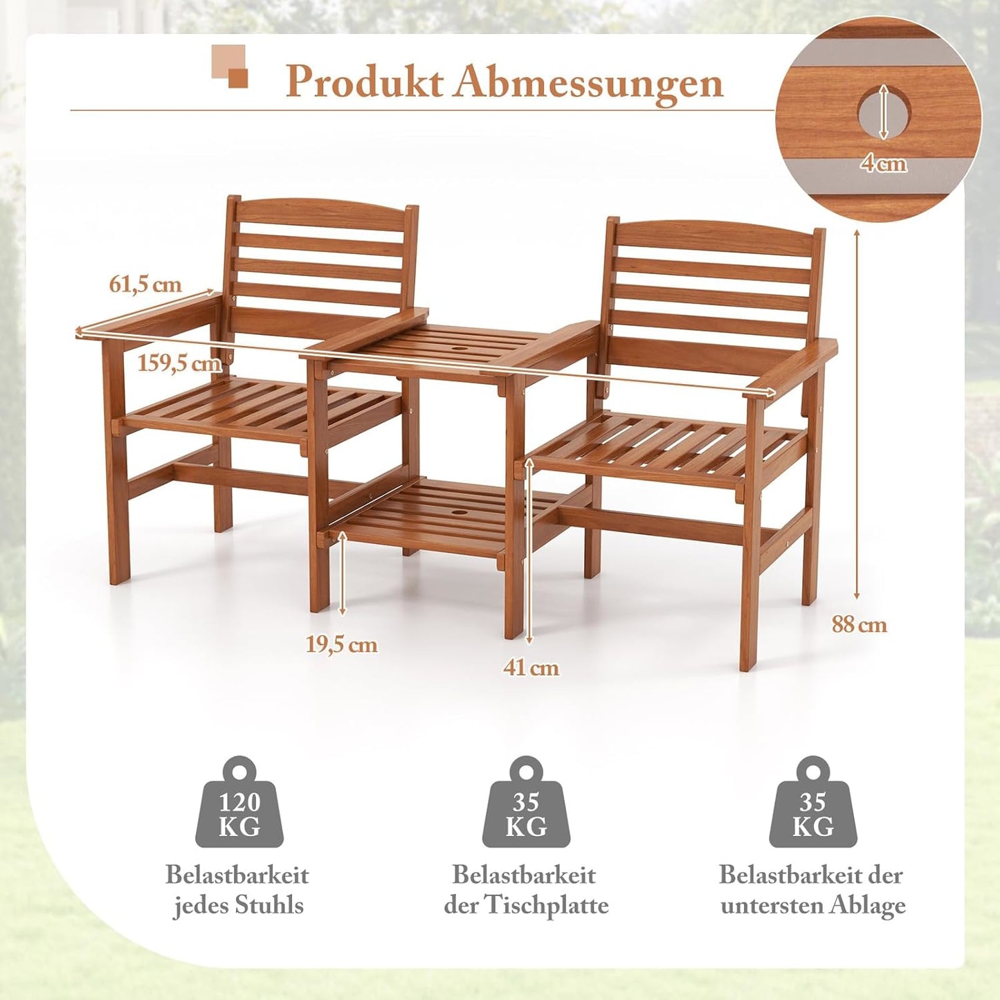 Houten Loveseat – Buitenbankje – Tuinbank – 2-Zits Sofa – Loungeset – Duurzaam Hout – Inclusief Parasolgat