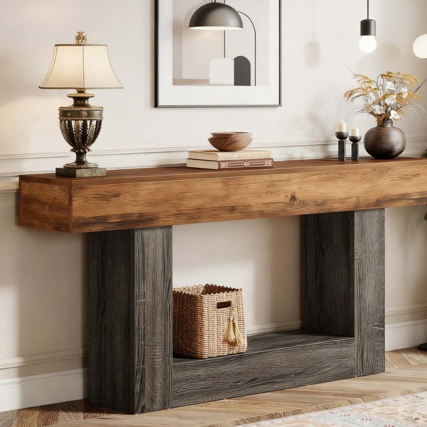 Console Tafel – Sidetable – Haltafel – Sofa Tafel – Wandtafel – Vintage Bruin & Grijs – 160 cm Lang – U-Vormige Onderstel