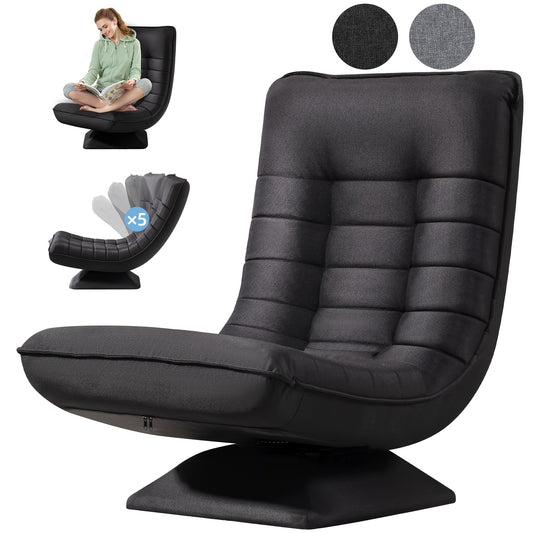 Ligstoel – Relaxstoel – Loungestoel – Tuinstoel – Recliner – 5-Posities Verstelbaar – 360° Draaibaar – Inklapbaar – Zwarte Katoenen Bekleding – Stevige Constructie