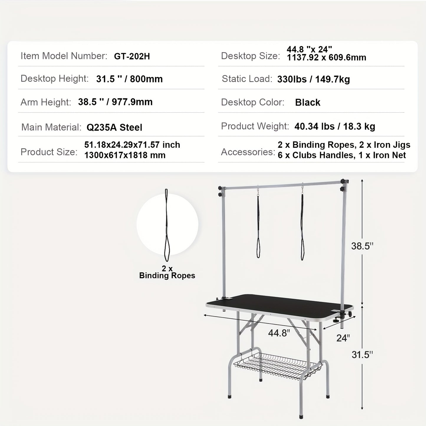 Trimtafel Hond – Trimbank Honden – Hondenverzorgingstafel – Grooming Tafel – Opvouwbare Verzorgingstafel – Dubbele Armen – Met Opbergrek – Stevig Metalen Frame – Roestvrijstalen Afwerking