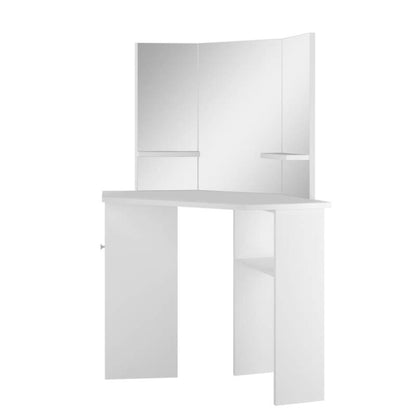 White Modern Corner Makeup Vanity Table with Oak Veneer - Space-Saving Curved Design, Easy Assembly, 3.2 Cu Ft, Low-Profile Height (<68.58cm) Freestanding Dressing Table for Small Bedrooms & Dressing Rooms (Engineered Wood)