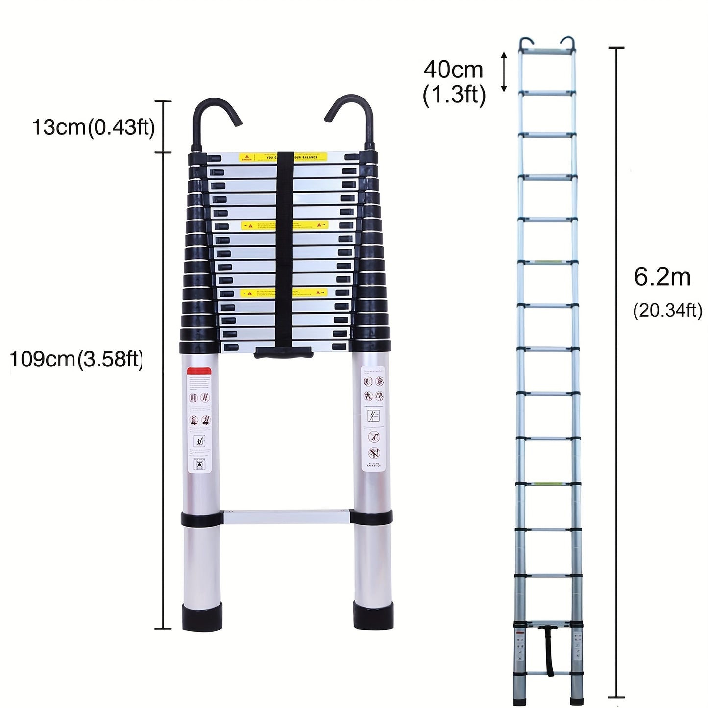 Telescopic Ladder 6.2m With Detachable Hooks & Extendable Steps, Folding Tall Loft Ladder, Portable Collapsible Ladder For Household And Outdoor Working, Sliver