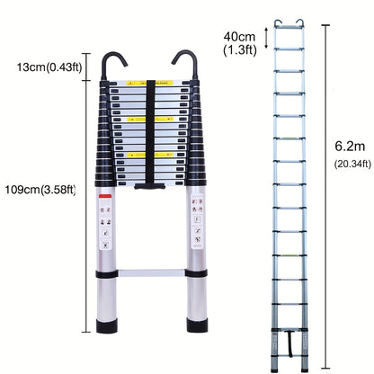Telescopic Ladder 6.2m With Detachable Hooks & Extendable Steps, Folding Tall Loft Ladder, Portable Collapsible Ladder For Household And Outdoor Working, Sliver