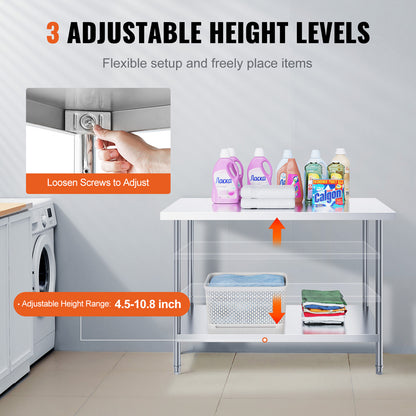 Professionele RVS Werktafel – Werkbank – Keukentafel – Werkbank RVS – RVS Werktafel Horeca – 122x61x86 cm – Verstelbare Legplanken – Roestvrij Staal SUS201