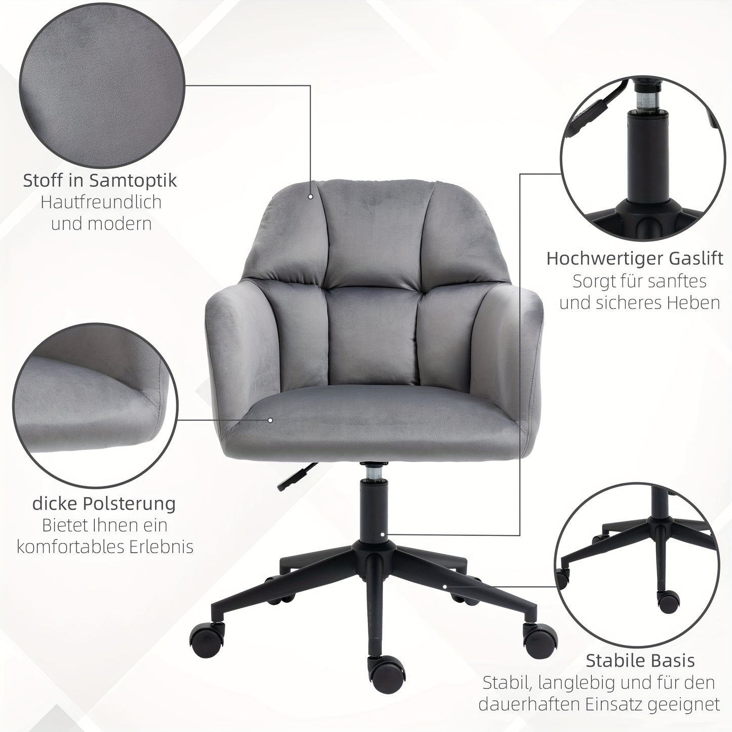Draaifauteuil – Draaistoel – Bureaustoel – Loungefauteuil – Relaxstoel – Verstelbare Zithoogte – Fluwelen Armleuningen – Grijs – Metaal – Max 120 Kg