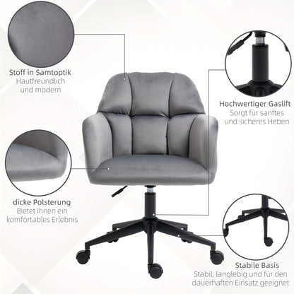 Draaifauteuil – Draaistoel – Bureaustoel – Loungefauteuil – Relaxstoel – Verstelbare Zithoogte – Fluwelen Armleuningen – Grijs – Metaal – Max 120 Kg