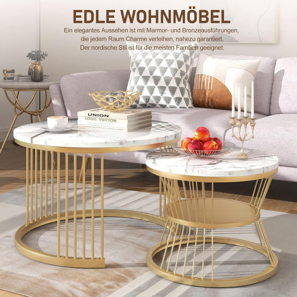 Ronde Salontafel – Koffietafel – Bijzettafel – Nestbare Tafel – Sofa Tafel – Marmerlook Fineer – Set Van 2 – Lichtgewicht Met Metalen Frame