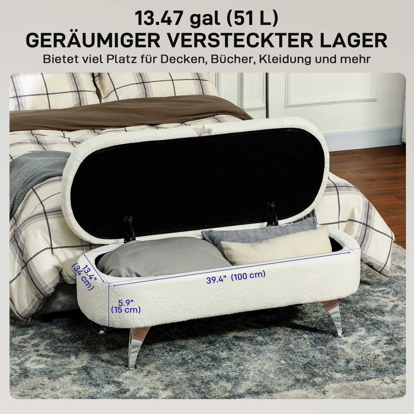Opbergbank – Zitbank – Opbergkist – Halbank – Zithocker – Met Deksel – 51 Liter Opbergruimte – Met Metalen Frame 114x47x46,5 cm – Wit Teddybeer Design