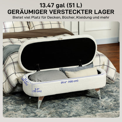 Opbergbank – Zitbank – Opbergkist – Halbank – Zithocker – Met Deksel – 51 Liter Opbergruimte – Met Metalen Frame 114x47x46,5 cm – Wit Teddybeer Design