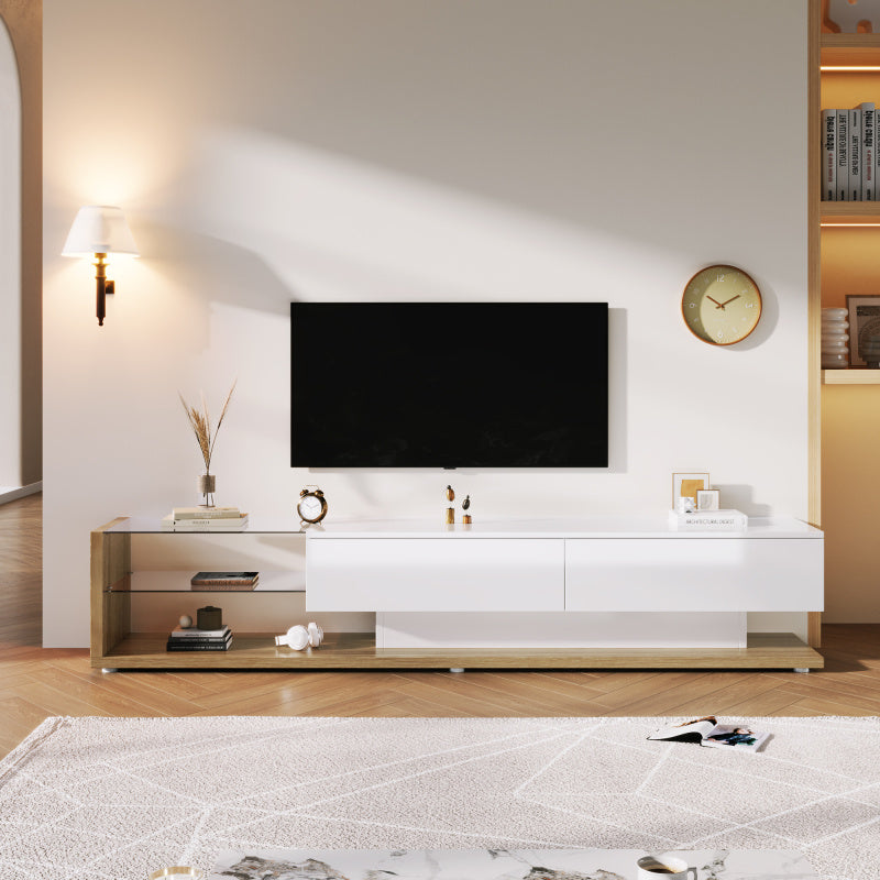Tv meubel – TV-kast – Media meubel – Entertainmentmeubel – Dressoir – Hoogglans wit & houtlook – 2 lades en open planken