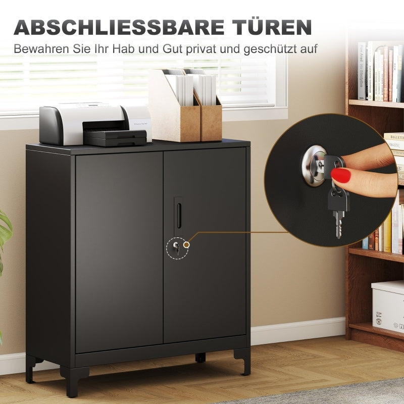Opbergkast – Metalen Kast – Lockerkast – Archiefkast – Kantoorkast – Zwart Metalen Frame – Houtlook Deuren – 2-Laags – Vergrendelbaar Sleutelslot