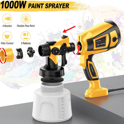 1000W 1400ml Electric Spray Gun High Power HVLP Paint Sprayer Auto Furniture Steel Coating Airbrush for Home DIY with 4 Nozzles