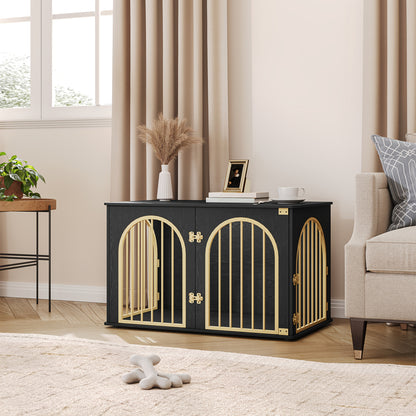 Hondenbench – Hondenkooi – Hondenverblijf – Huisdierbench – Hondenren – Zwart-Gouden Design – 3 Draaideuren & Boogvormige Deur – Stevig Metaal en Hout – 60 x 100 x 63 cm – Voor Middelgrote tot Grote Honden