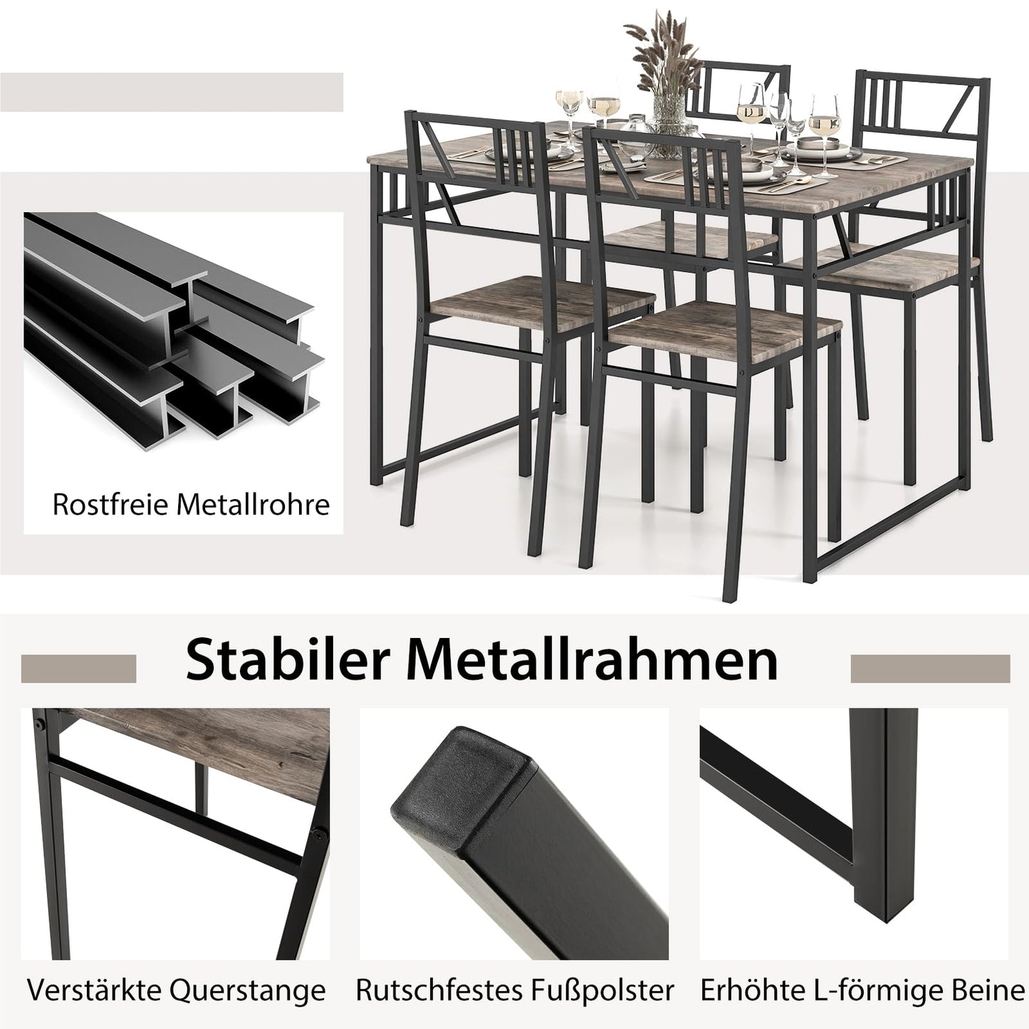 Eettafel Set – Tafel Met Stoelen – Dinerset – Keukentafel – Industriële Eettafel – Grijs – Space-Saving Design – Duurzaam MDF & Metaal