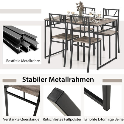 Eettafel Set – Tafel Met Stoelen – Dinerset – Keukentafel – Industriële Eettafel – Grijs – Space-Saving Design – Duurzaam MDF & Metaal