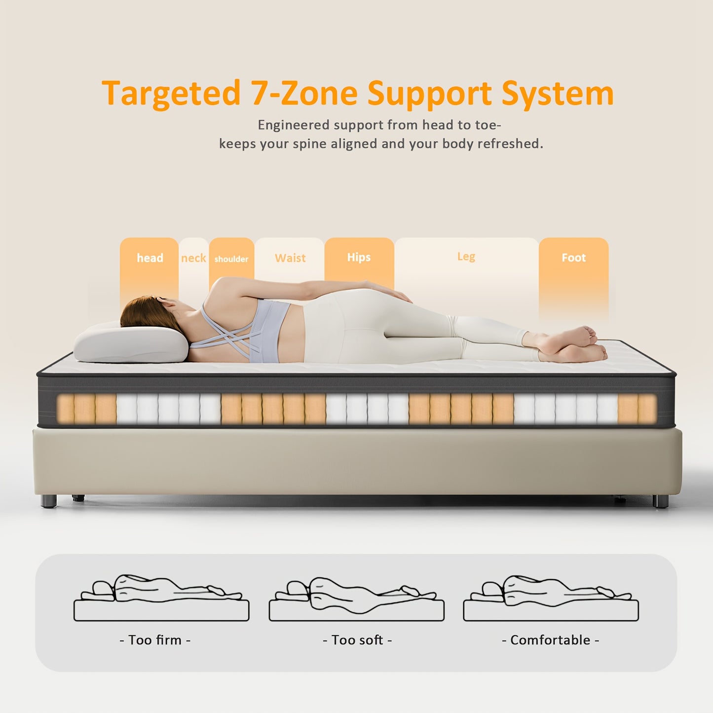 Pocketvering Matras – Pocketveer Matras – Binnenveringsmatras – Koudschuim Matras – 7-Zones Matras – 22 cm Dik – Stevige Ergonomische Ondersteuning