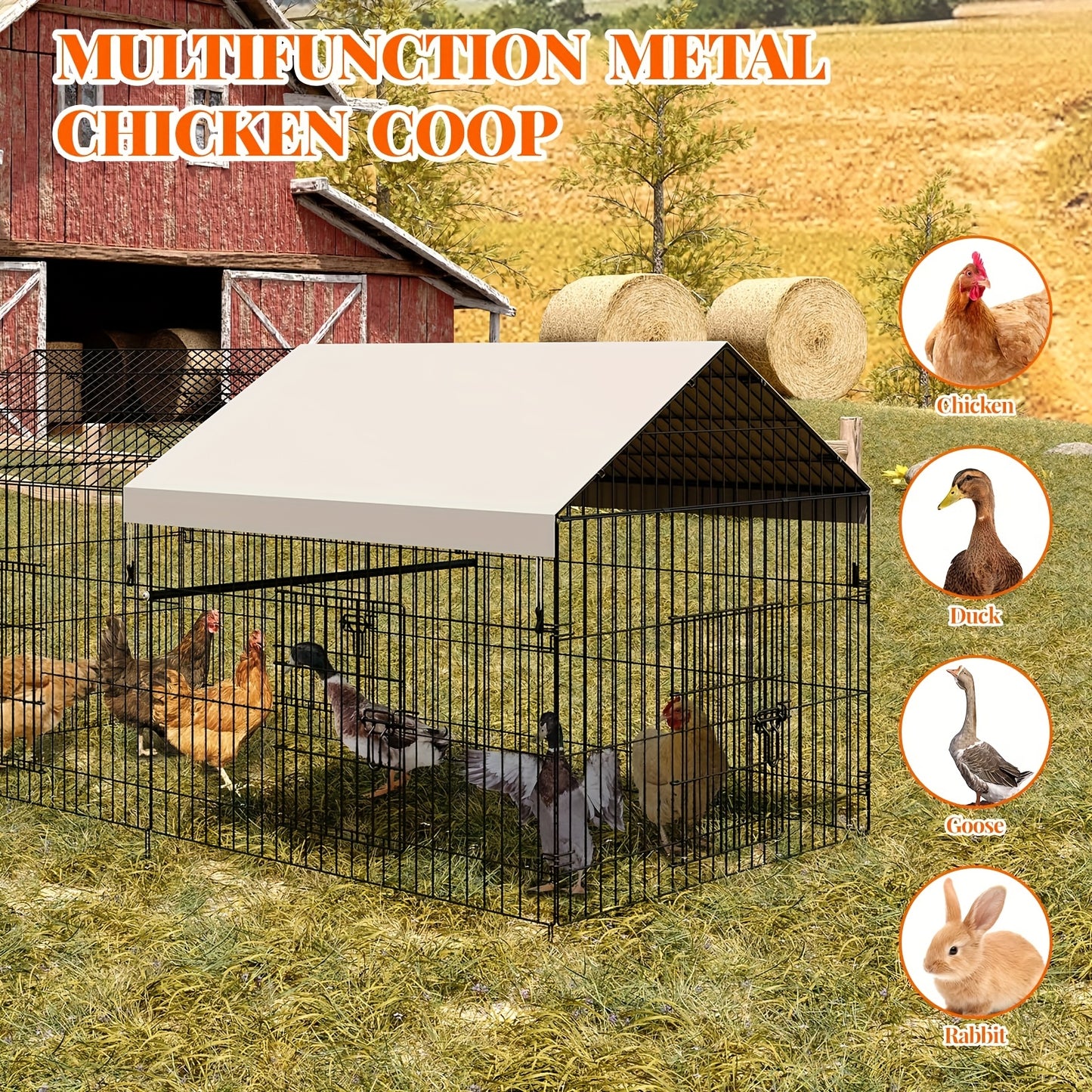Heavy Duty Metal Chicken Coop 218.44cm x 101.6cm x 101.6cm Walk-In Poultry Cage with 4 Doors, Waterproof UV-Resistant Cover & -Proof Lock - Large Outdoor Barn for Ducks, Rabbits, Chickens - Spacious Run for 8-10 Hens, Easy As