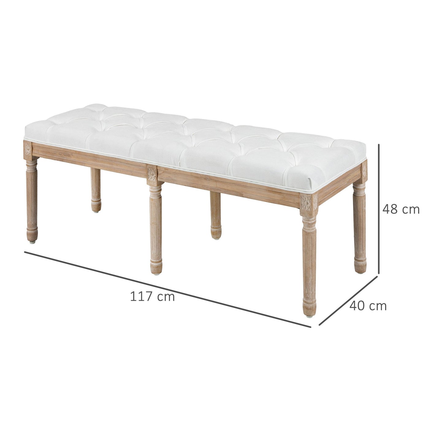 Opbergbank – Zitbank – Halbank – Opbergkist – Bankje – Vintage Franse Stijl – Crème Stof – Houten Poten – 117x40x48 cm – Max. 120 kg draagvermogen