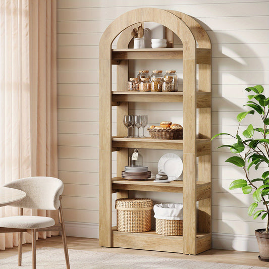 Boekenplank – Boekkast – Boekenrek – Vakkenkast – Opbergrek – 5-laags – Boogvormig Design – Teakhouten Afwerking – Ruimtebesparend – Stevig MDF