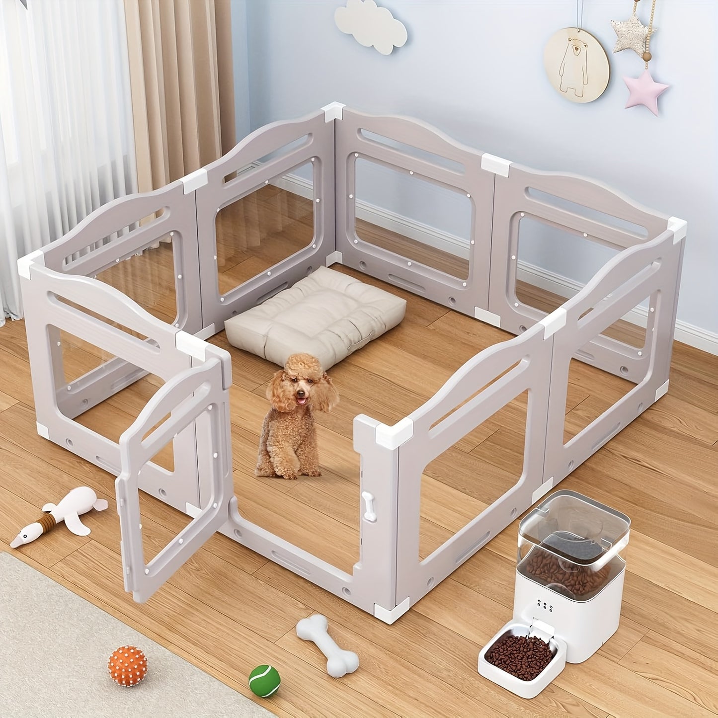 Hondenren – Puppyren – Hondenbench – Hondenkennel – Dierenren – Transparante Acrylpanelen – 7 Panelen + Deur – 60 cm Hoog – Inklapbaar – Met Zuignappen en Grondankers