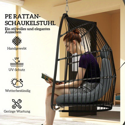 Hangstoel Rattan Hangstoel Schommelstoel Bistrostoel Balkonstoel – Incl. Donkergrijze Kussen – UV-Bestendig – Draagvermogen 150kg – Split Rugleuning – Eenvoudige Montage – Binnen & Buiten Gebruik