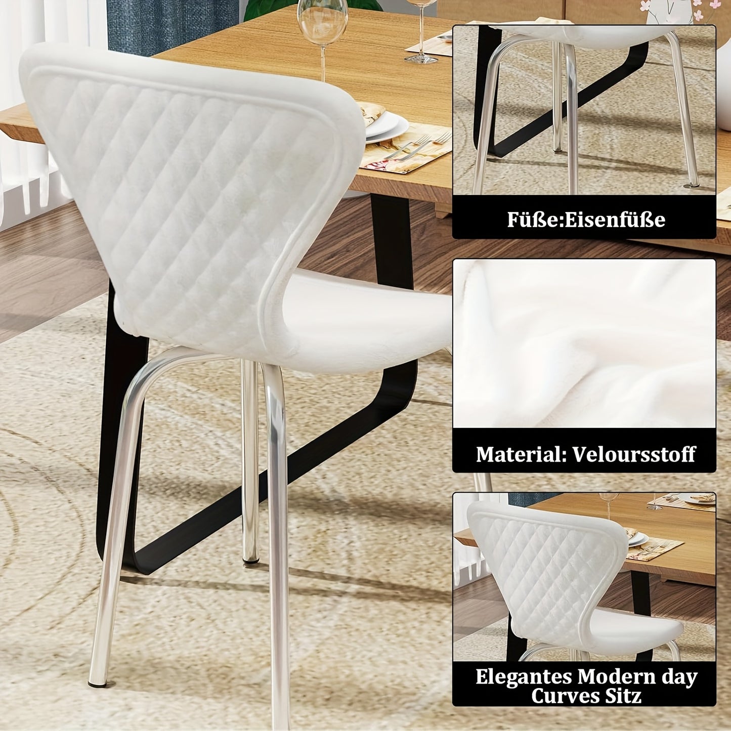 Set van 2 Velvet Eetkamerstoelen – Gestoffeerde Lounge- en Receptiestoelen met Ergonomische Rugleuning en Metalen Poten – Witte Keuken- en Woonkamerstoelen