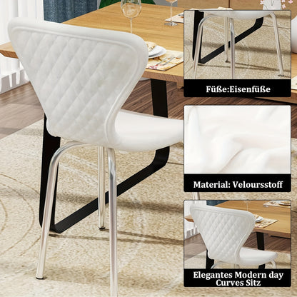 Set van 2 Velvet Eetkamerstoelen – Gestoffeerde Lounge- en Receptiestoelen met Ergonomische Rugleuning en Metalen Poten – Witte Keuken- en Woonkamerstoelen