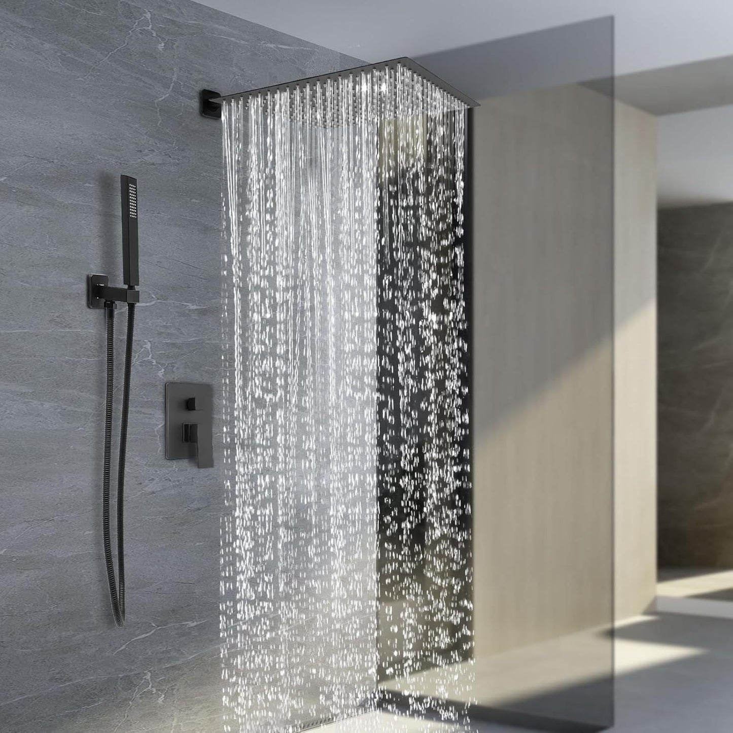 Douchesysteem – Regendouche – Douchekop – Handdouche – Douchestang – Zwart – 40x40 cm Regendouchekop – 360° Draaibare Handdouche
