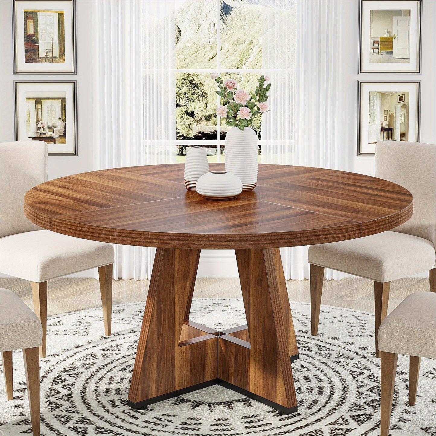 Eettafel – Ronde Tafel – Keukentafel – Eetkamertafel – Dinertafel – 119 cm Diameter – Duurzaam Gemodificeerd Hout – Stevige Basis – Rustiek Modern Design – Voor 4 Personen – Eenvoudige Montage