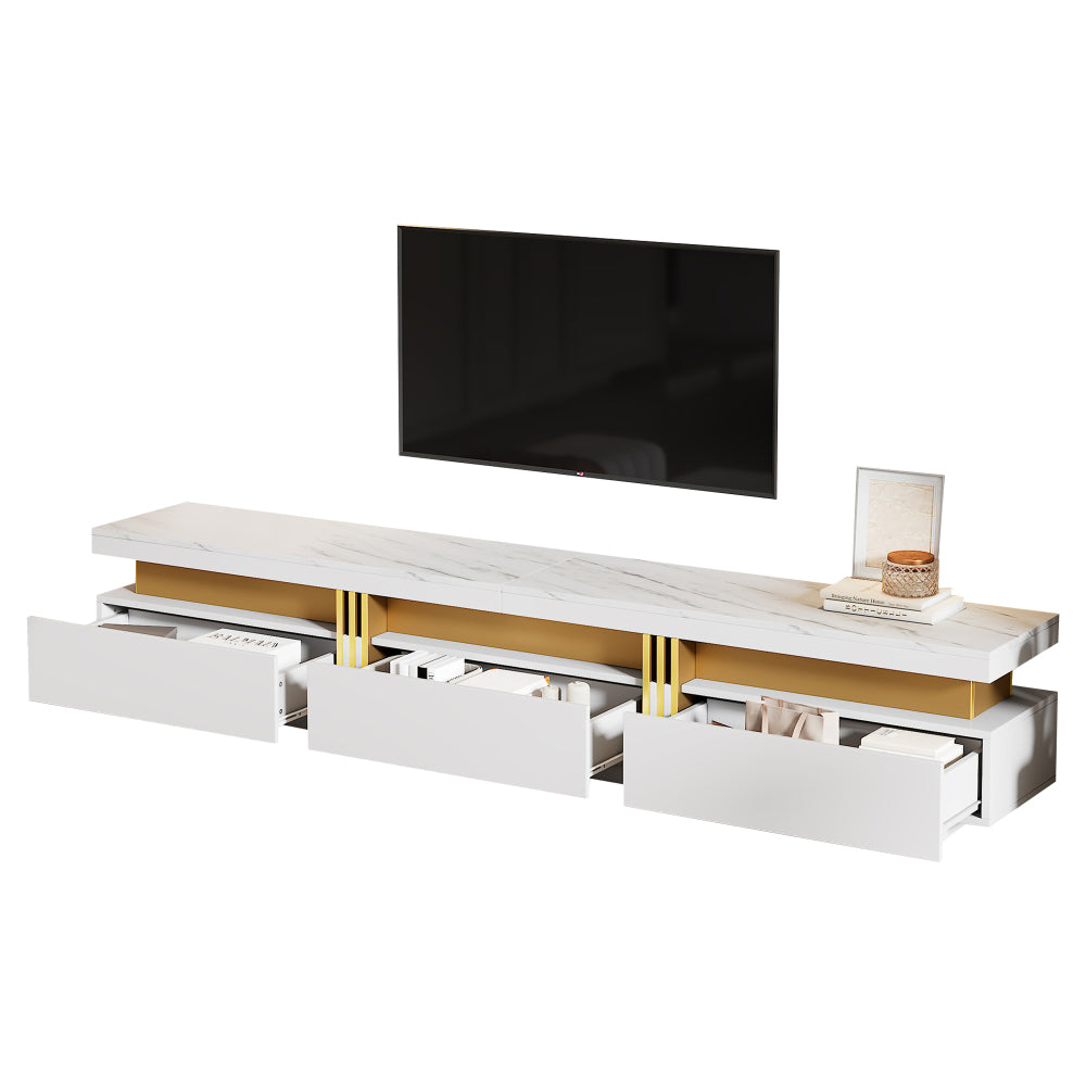 Lowboard TV-meubel – TV Meubel – TV Kast – TV Dressoir – Entertainment Center – Marmerlook – 200x40x42 cm – Geschikt Tot 90 Inch – 3 Lades – Kabelmanagement